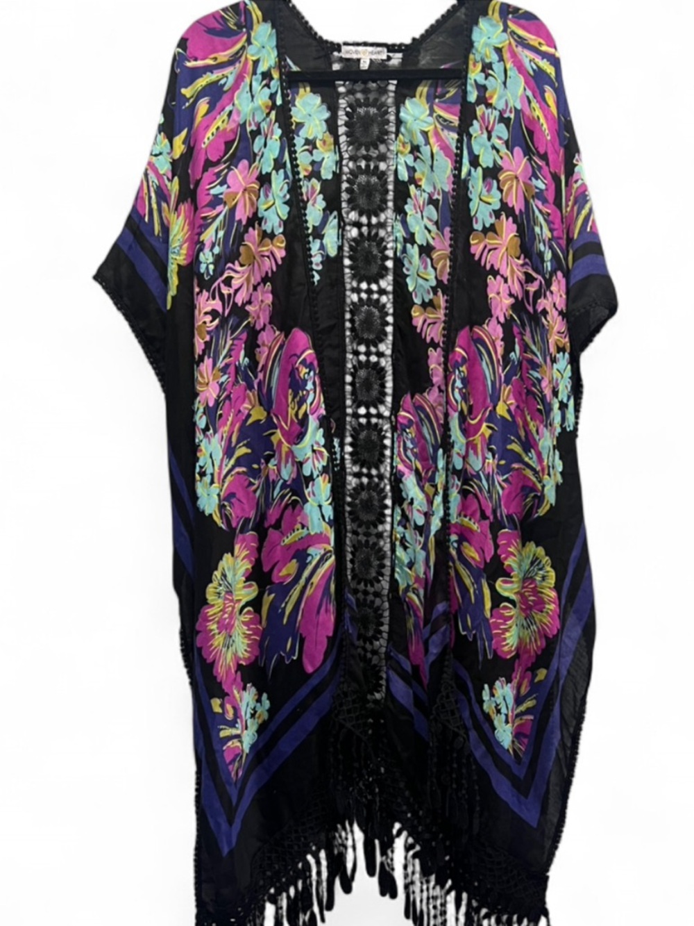 Woven Heart Gorgeous Black Floral Fringe Kimono with Pink & Teal Flowers - Picture 3 of 10